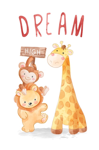 Vector dream high slogan with wild animals piggy back illustration