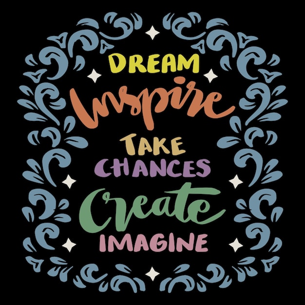 Vector dream inspire take chances create imagine, hand lettering. poster quotes.