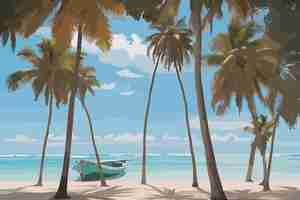 Vector dream island of coconut tree sunny beach landscape with beautiful seascape view of sea and blue sky