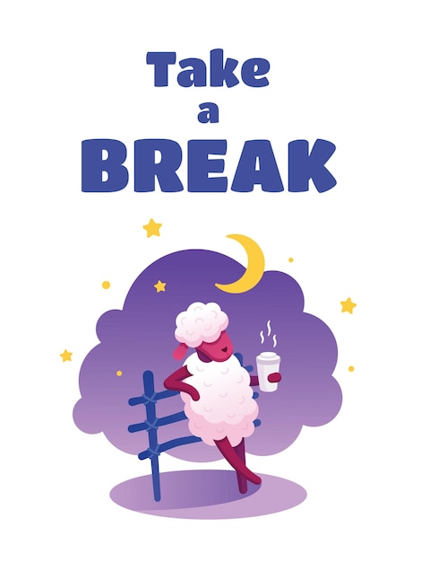 The dream sheep drinks hot drink, coffee, tea. take a break concept. vector flat kid's illustration