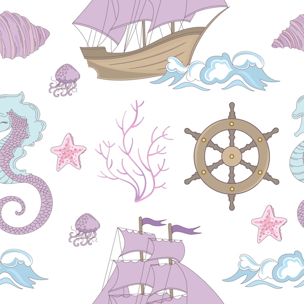 Dream ship ocean cruise seamless pattern