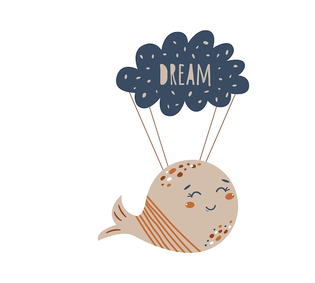 Dream vector card Cute baby whale Baby Shower element Simple fish flying on the cloud Kids birthday party