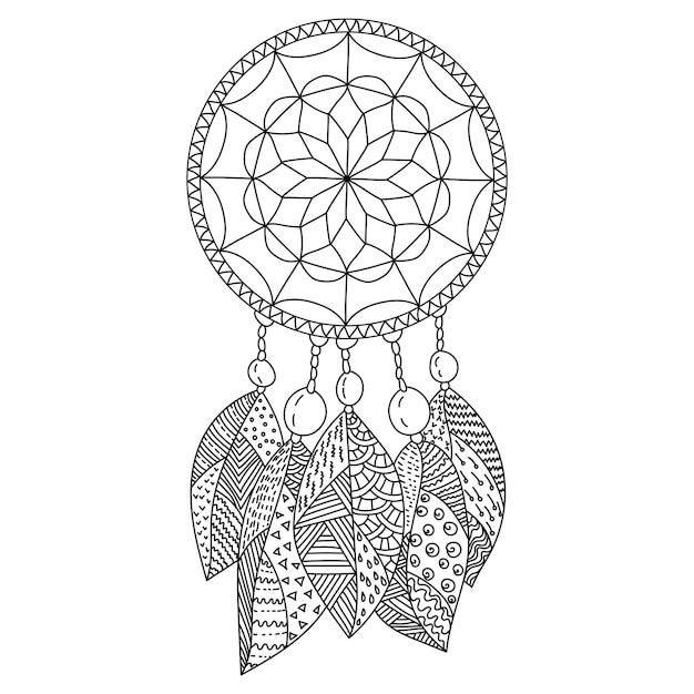 Dreamcatcher coloring page amulet with five patterned zen feathers and large beads