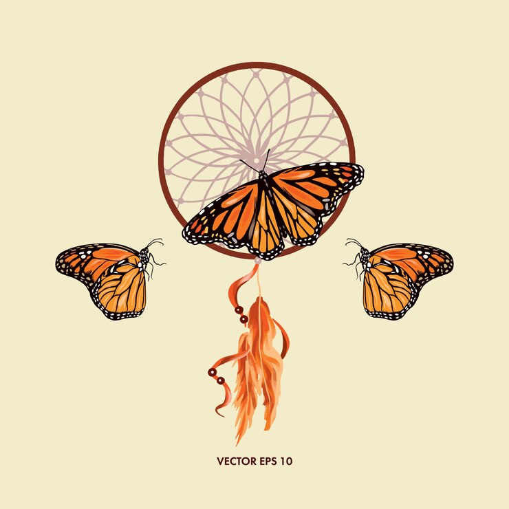 Vector dreamcatcher feathers butterflies flowers vector illustration design element for covers greeting cards summer banners wedding invitations
