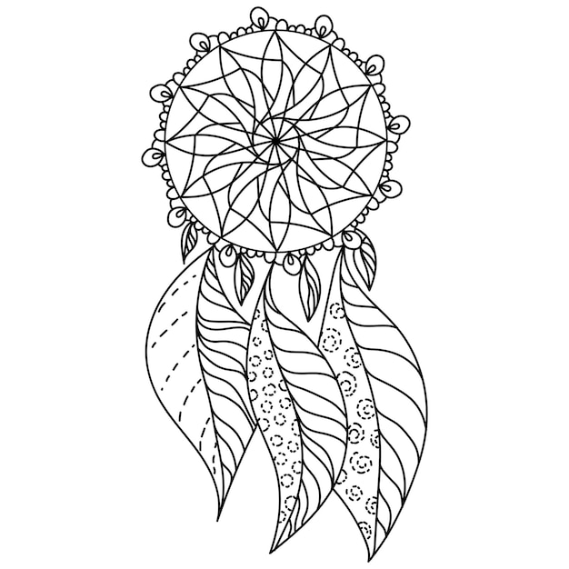Dreamcatcher meditative coloring page ornate mascot with light feathers