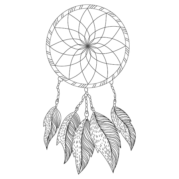 Vector dreamcatcher outline coloring page with traditional decoration with feathers and intertwined mandala