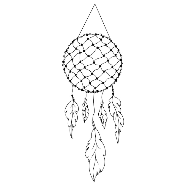 Dreamcatcher with fishing net, threads, beads and feathers. Native american symbol in boho style