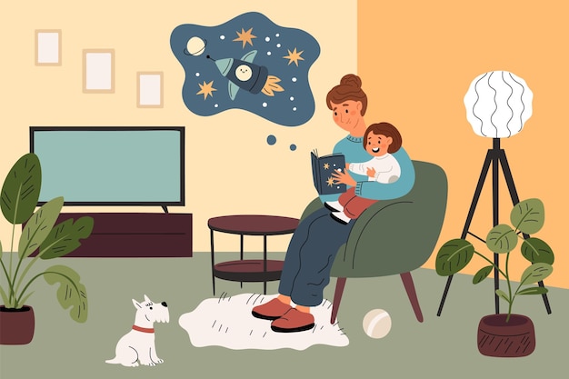 Мечтающие персонажи мать читает ребенку книгу о космосе счастливый сын воображает интересную историю дети мечтают воображение фантастического космического путешествия