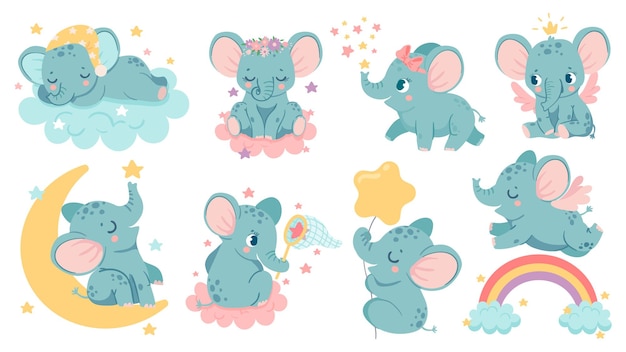 Vector dreaming elephant. baby elephants sleep on cloud and moon, catch star or fly over rainbow. magic animal girl with crown and wings vector set. cute characters with bows and flowers on head