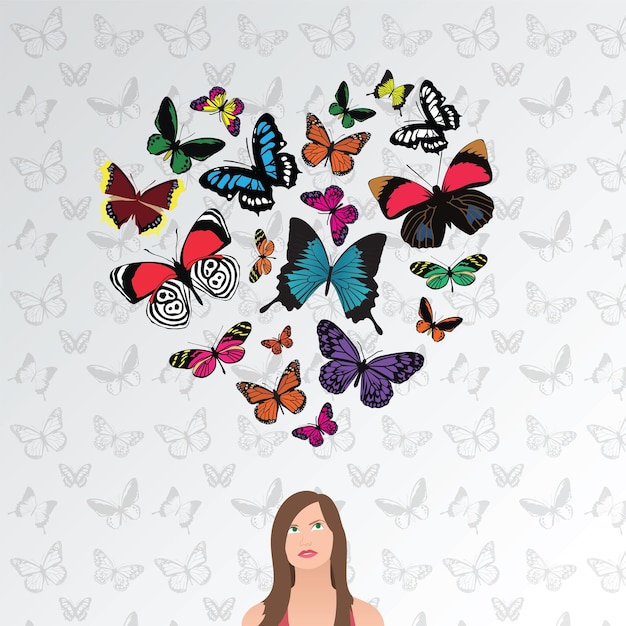 Vettore ragazza che sogna, cuore di farfalla su sfondo bianco
