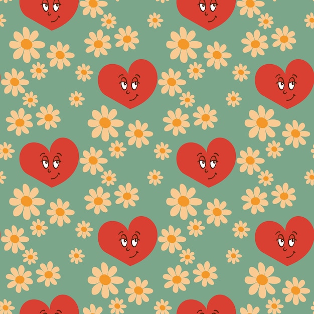 Dreaming heart with daisies seamless pattern