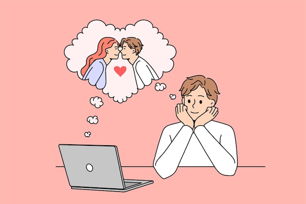 Dreaming of love and online dating concept. smiling boy sitting at laptop dreaming of his girlfriend imagining their date online vector illustration