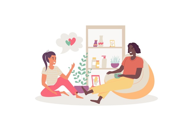 Dreaming people concept with people scene in the cartoon style Two girls sit in a cozy atmosphere