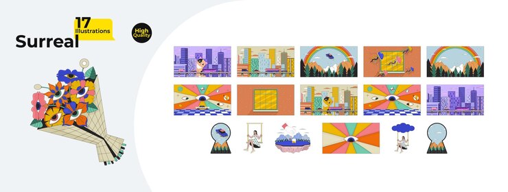 Vector dreaming surrealistic 2d linear illustrations concepts bundle