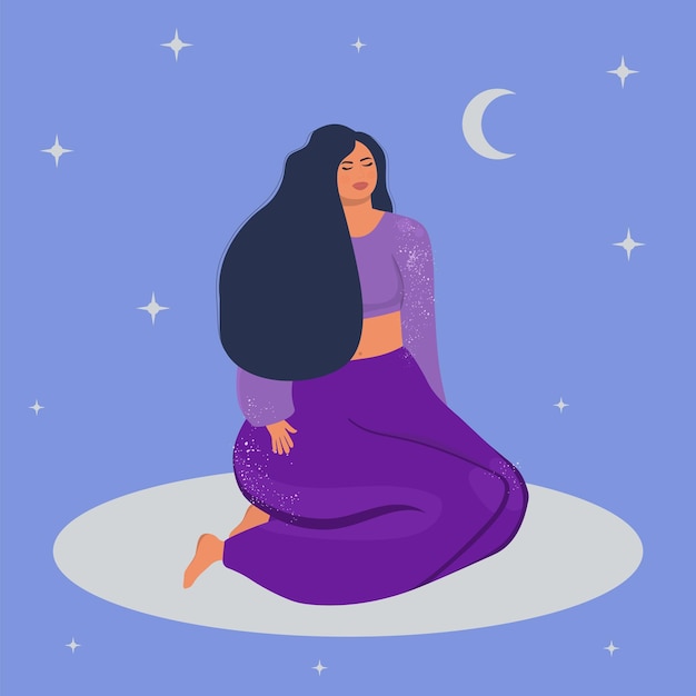 Vector dreaming woman on the background of the moon