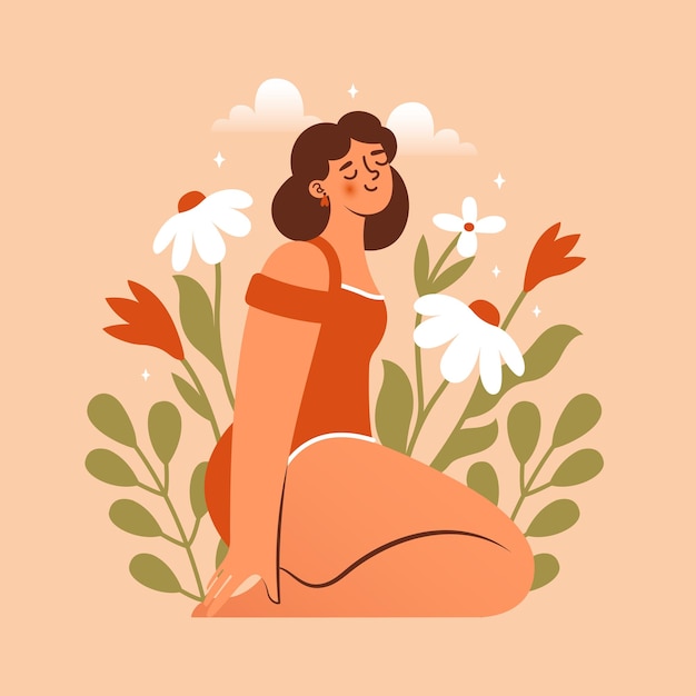 植物花雲葉星の中の自然にビキニを着て座っている夢の女性