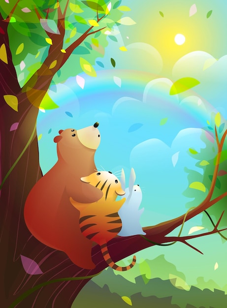 Сказочный летний пейзаж с животными на дереве