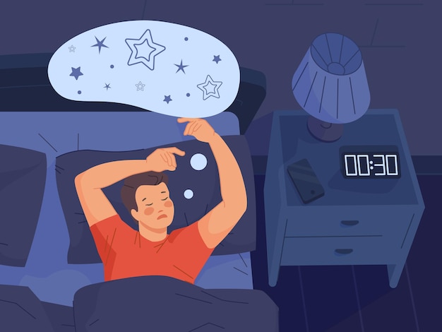 ベクトル 睡眠中の男を夢見るベッド ルーム イラスト ベクトルの時計人夢で夜の時間でクールな安らかな眠り