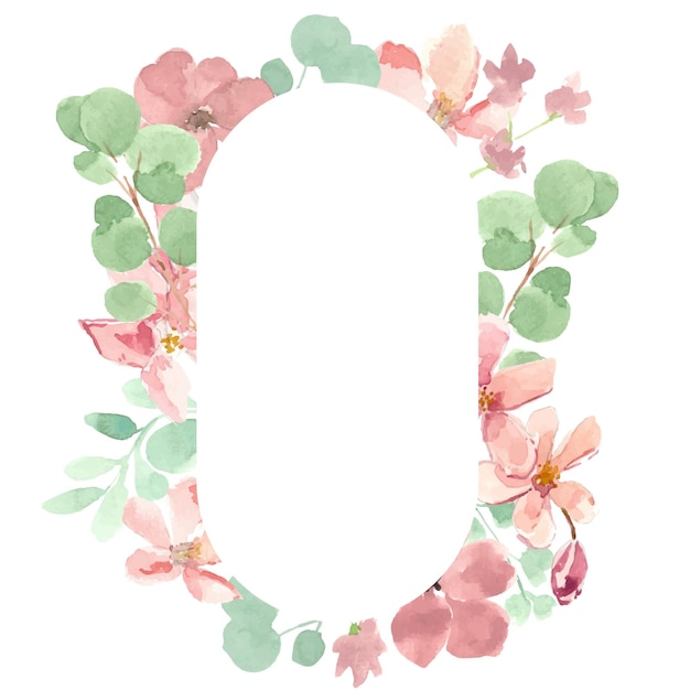 Dreamy color eucalyptus leaf and pink floral watercolor frame with capsule shape