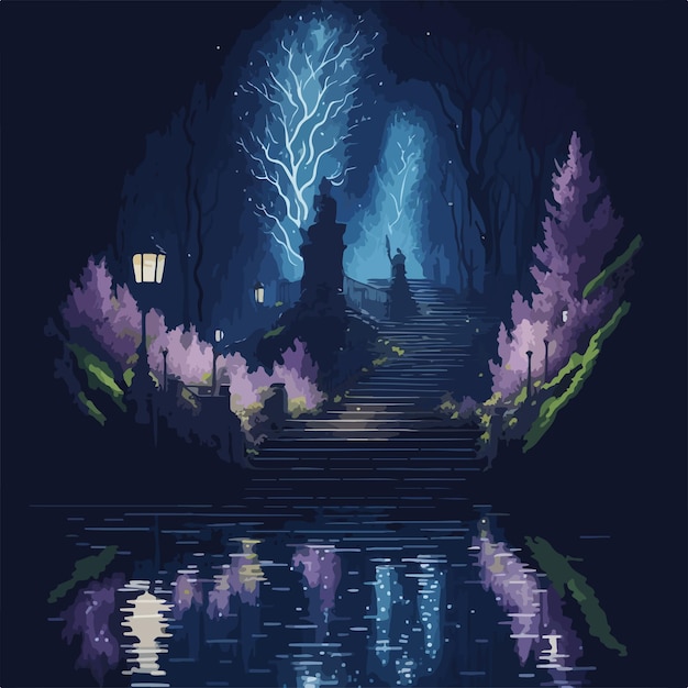 Vector a dreamy island with a majestic lighthouse surrounded by blooming flowers under the starlit sky