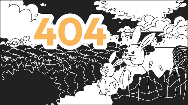 Dreamy rabbits looking on sky black white error 404 flash message Monochrome website landing page ui design Not found cartoon image kawaii vibes Vector flat outline illustration concept