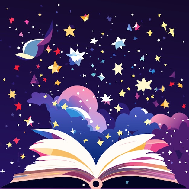 Vector dreamy starry sky magic background watercolor light colors many small books flying next to the stars