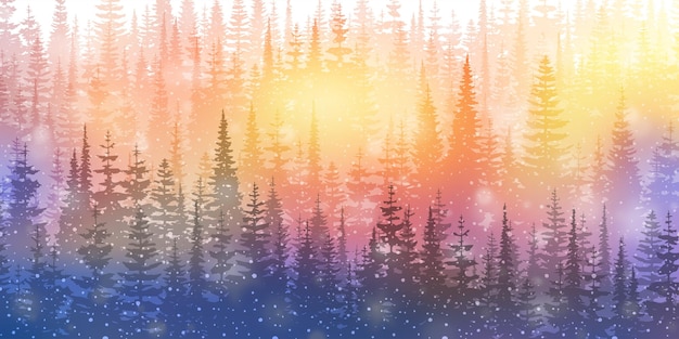 Nevicate da sogno nella foresta invernale e effetto bokeh luminoso sullo sfondo delle vacanze