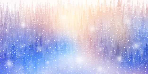 Dreamy winter forest snowfall and bokeh effect bright holiday background