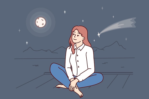 Dreamy woman is sitting on pier looking at night sky with shooting star near full moon Carefree dreamy girl admires evening bay and makes wishes seeing starfall and feels harmony with nature