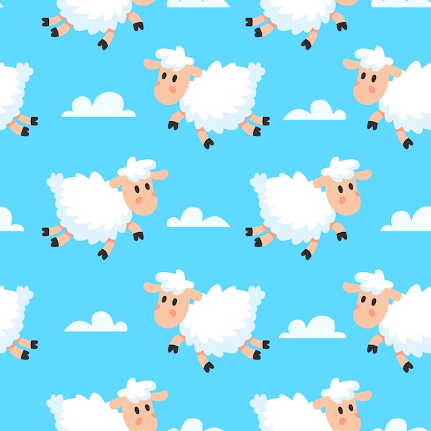 Dreamy woolly fun clouds baa lamb or sheep cartoon seamless fabric pattern