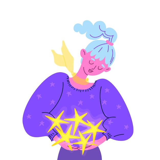 Vector dreamy young woman in a voluminous purple sweater holds shining stars in her hands.
