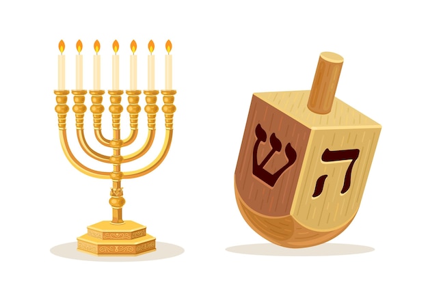 Vector dreidel en menorah gele chanoeka kandelaar symbool van een gelukkig nieuwjaar bijbelse kandelaar