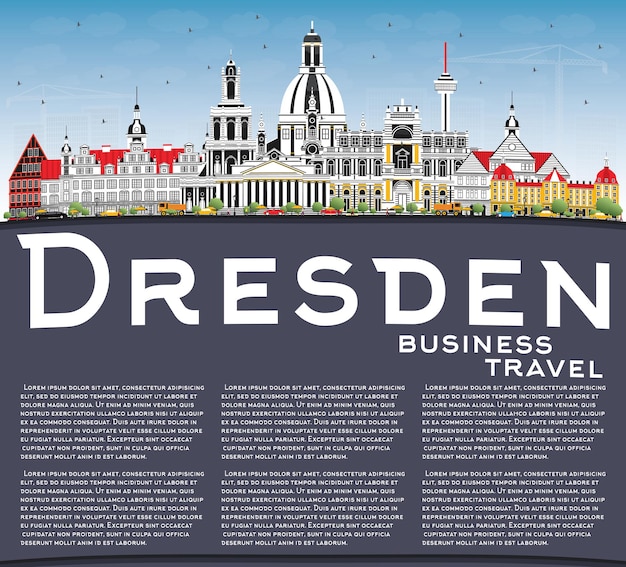 Vector dresden germany city skyline with color buildings, blue sky and copy space. vector illustration. business travel and tourism concept with historic architecture. dresden cityscape with landmarks.