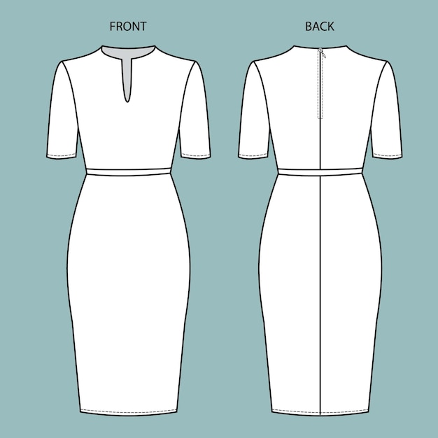 dress front and back view. dress fashion flat sketch template.