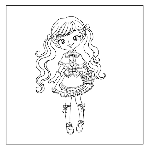 Vestire bambola da colorare disegno cartone animato doodle kawaii anime carino illustrazione disegno clip art