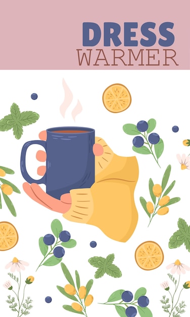 Vector dress warmer set of disease treating natural medicine tea cup in hands collection of natural ingredients and wild fruit product mint and lemon concept of illness treatment vector illustration