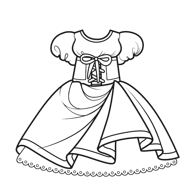 Dress with laceup corset and fluffy skirt outline for coloring on a white background