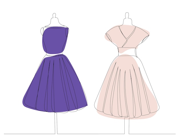 Dresses drawing by one continuous line isolated vector