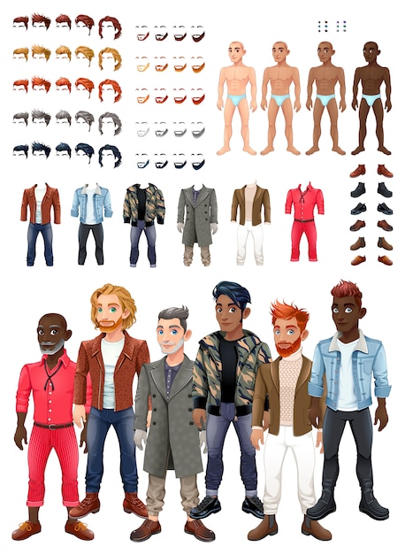 Vector dresses and hairstyles game with male avatars