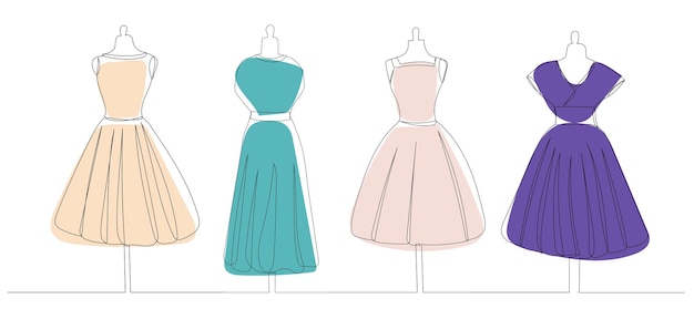 Dresses on mannequins one continuous line drawing isolated vector