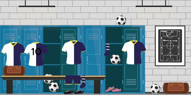 dressing room football lockers soccer clothes and balls vector illustration