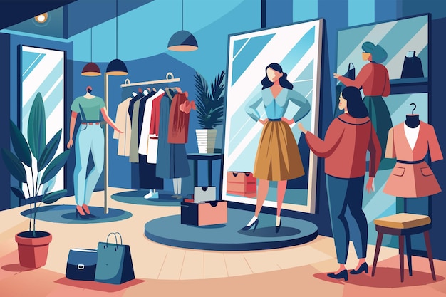 Vettore uno specchio del camerino in una boutique che riflette la trasformazione degli acquirenti che provano nuovi abiti