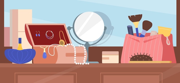 화장품 가방, 거울, 보석, 메이크업 브러쉬, 향수 평면 일러스트와 함께 드레싱 테이블. 여성 미용 액세서리.