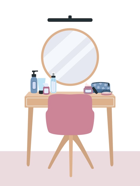 Dressing table with mirror and cosmetics interior illustration in flat style Bedroom dressing room