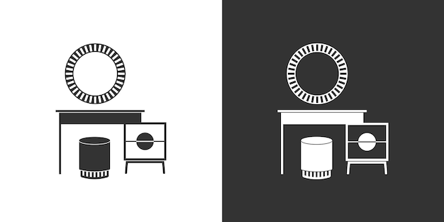 Vector dressing table with mirrow and chair furniture icon on black and white background