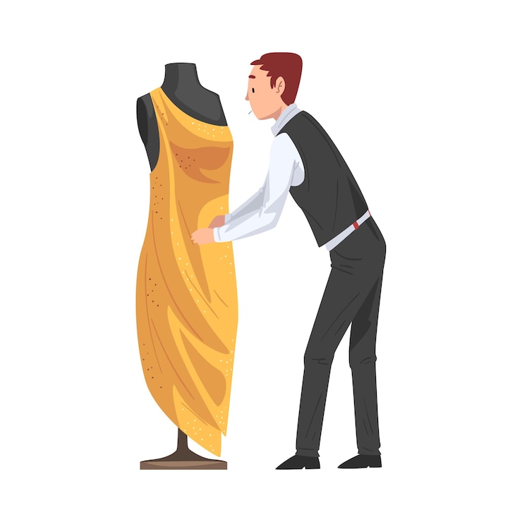 Vector dressmaker creating dress male clothing designer tailor working at atelier man sewer create outfit vector illustration