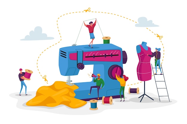 Vector dressmakers characters create outfit and apparel on sewing machine