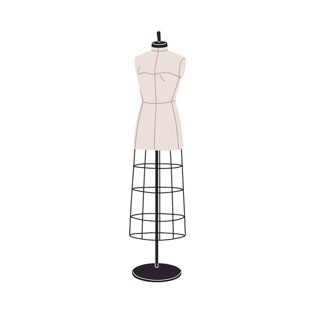 Vector dressmaking dummy tailors mannequin sewing fabric manikin with metal grid for long dress female body shape women torso trunk on stand flat vector illustration isolated on white background