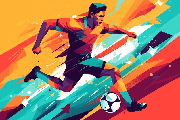 Giocatore di calcio dribbling con pallone da calcio piatto stile arte poster colorato illustrazione vettoriale