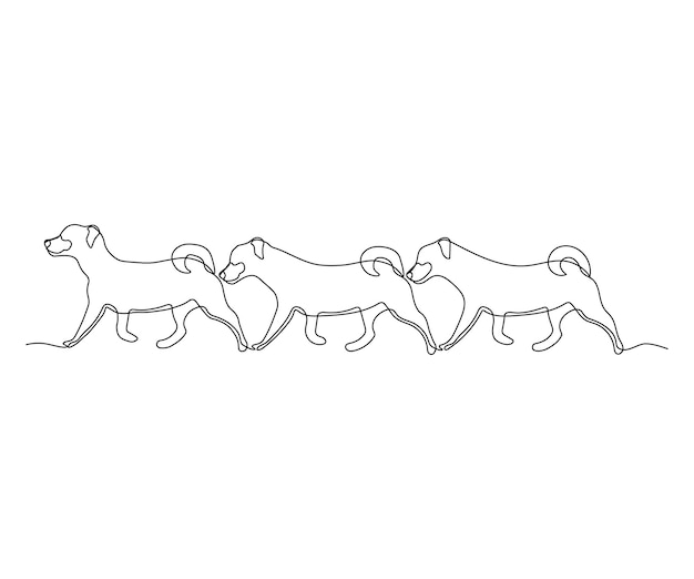 Drie abstracte honden staan op een rij, de eerste leider en de achterste snuffelen aan elkaar onder de staart